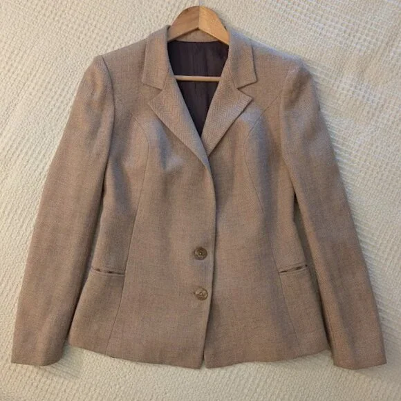 Vintage 1990s Custom Tailored Beige Wool Herringbone Blazer S/M - Picture 4 of 11